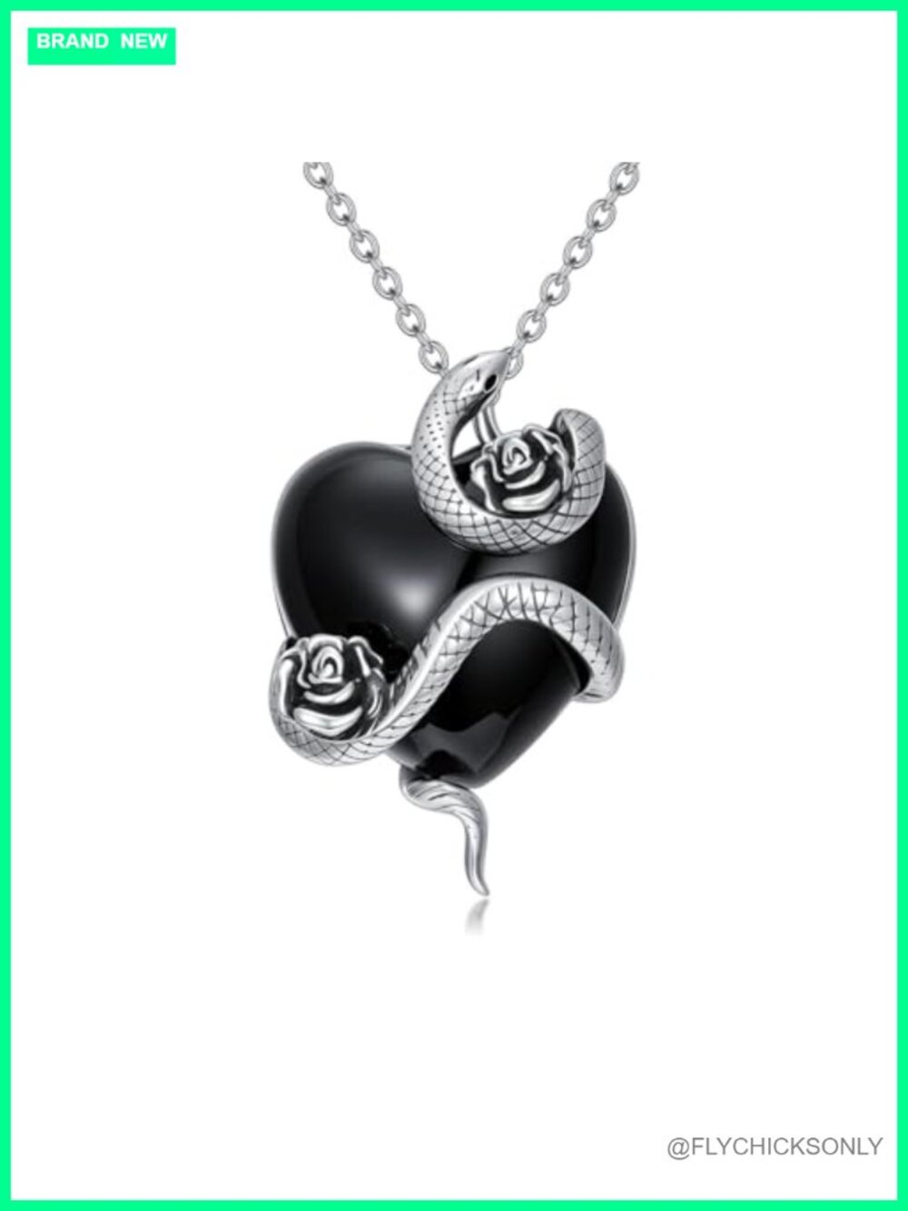 Natural Black Onyx Snake Necklace 925 Sterling Silver Rose Heart Pendant Gothic